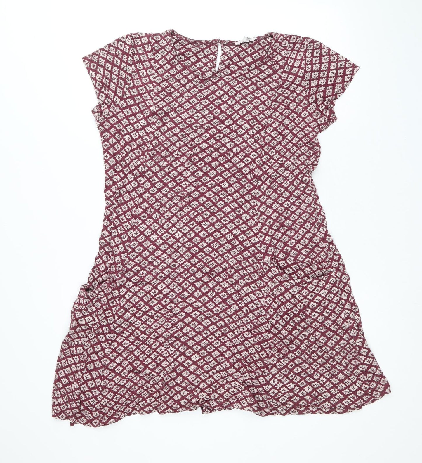 Fat Face Womens Red Geometric Cotton A-Line Size 12 Boat Neck Button