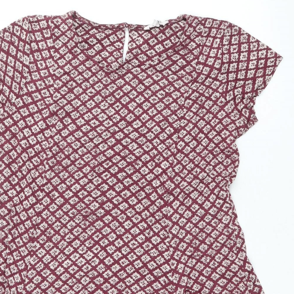 Fat Face Womens Red Geometric Cotton A-Line Size 12 Boat Neck Button