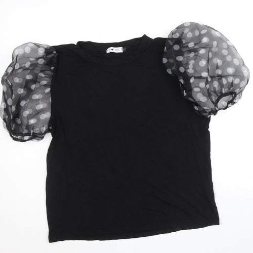 Spotted Womens Black Viscose Basic Blouse Size L Round Neck