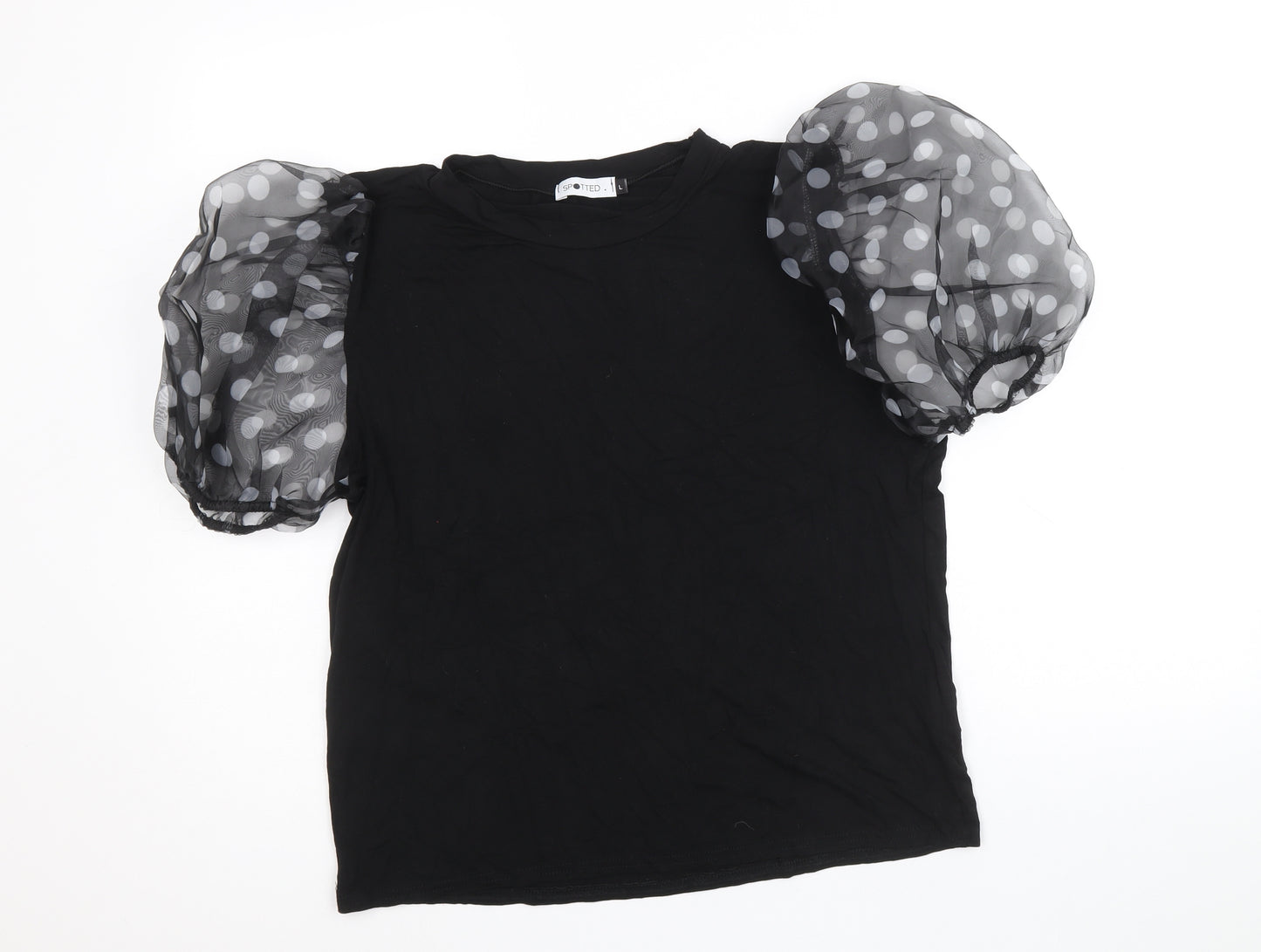 Spotted Womens Black Viscose Basic Blouse Size L Round Neck