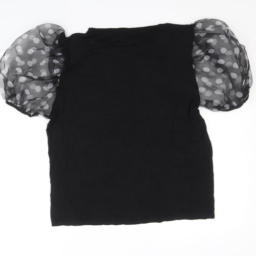 Spotted Womens Black Viscose Basic Blouse Size L Round Neck