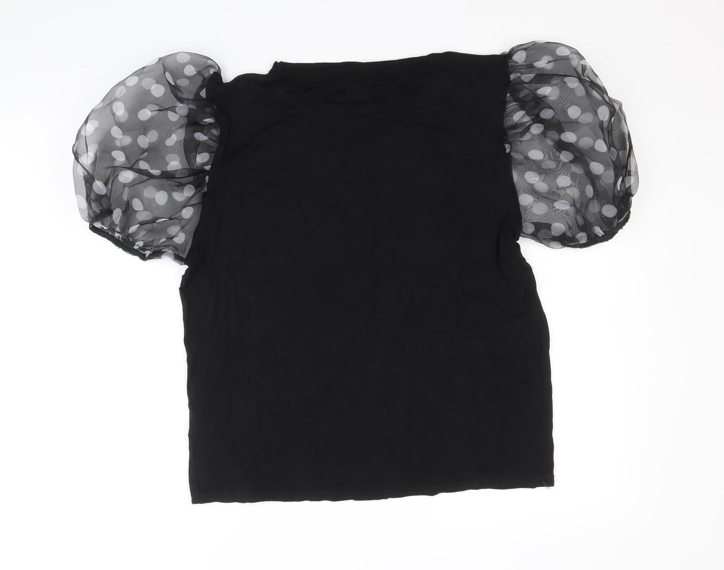 Spotted Womens Black Viscose Basic Blouse Size L Round Neck
