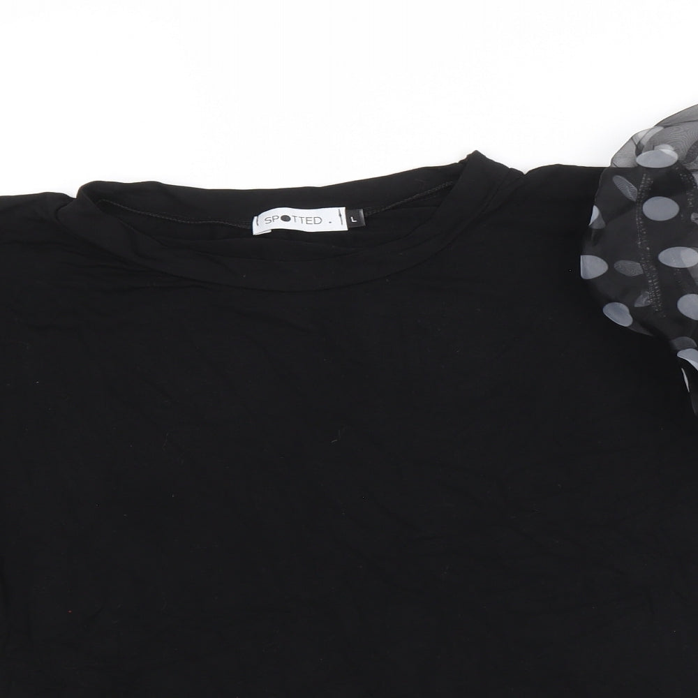 Spotted Womens Black Viscose Basic Blouse Size L Round Neck