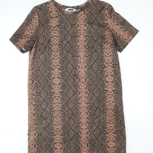 Zara Womens Brown Animal Print Polyester T-Shirt Dress Size M Boat Neck Pullover - Snake Print