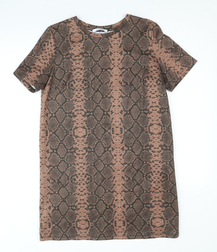 Zara Womens Brown Animal Print Polyester T-Shirt Dress Size M Boat Neck Pullover - Snake Print