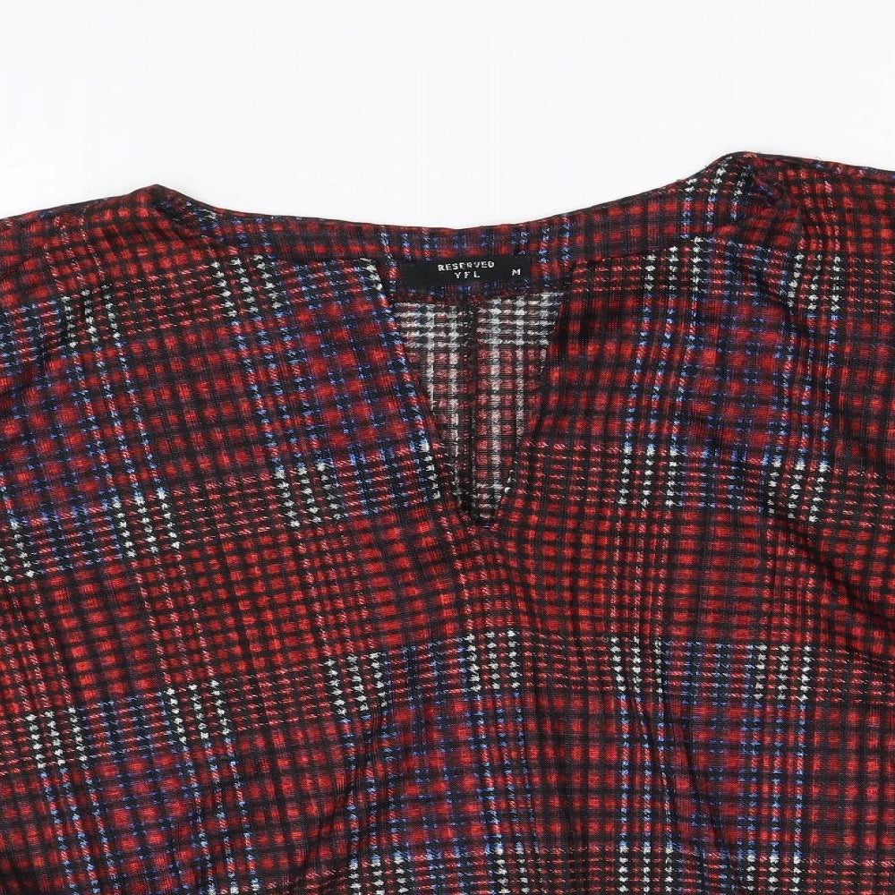 RESERVED Womens Multicoloured Plaid Polyester Cropped Blouse Size M V-Neck