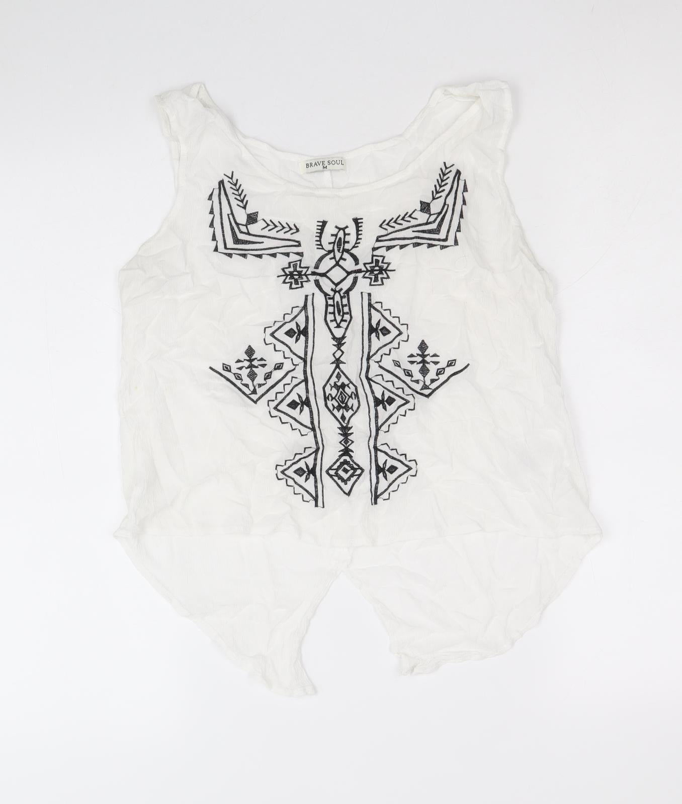 Brave Soul Womens White Geometric Viscose Basic Tank Size M Boat Neck