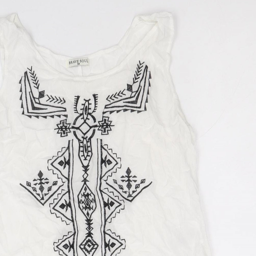 Brave Soul Womens White Geometric Viscose Basic Tank Size M Boat Neck