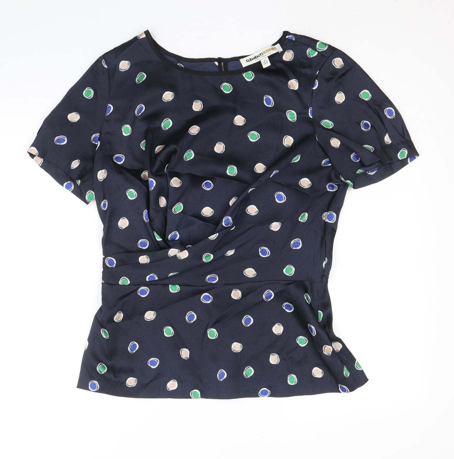 Clements Ribeiro Womens Black Polka Dot Polyester Basic Blouse Size 12 Boat Neck - Front Pleat Detail