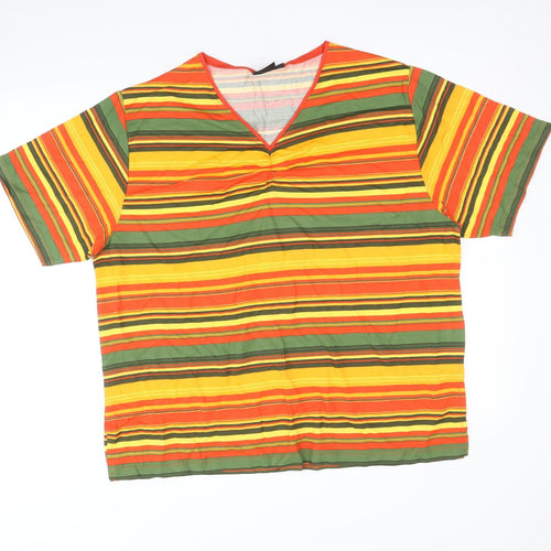 Fashion Clothing Line Womens Multicoloured Striped Viscose Basic T-Shirt Size XL V-Neck