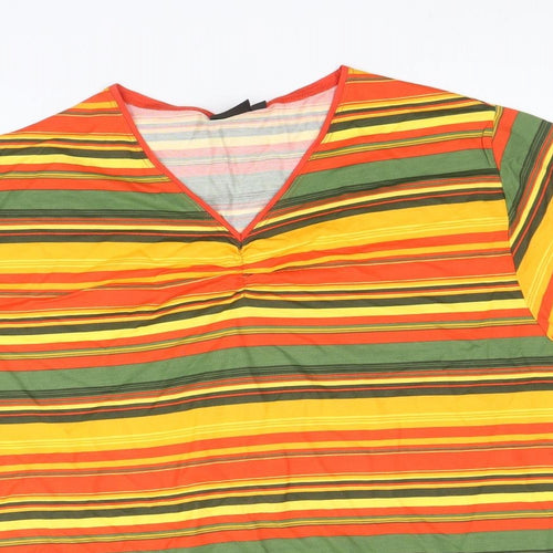 Fashion Clothing Line Womens Multicoloured Striped Viscose Basic T-Shirt Size XL V-Neck