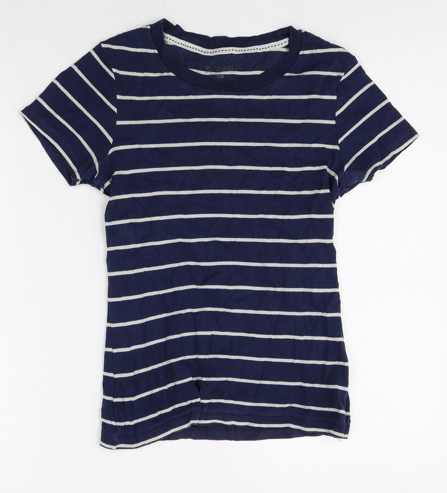 TU Girls Blue Striped 100% Cotton Basic T-Shirt Size 10 Years Round Neck Pullover