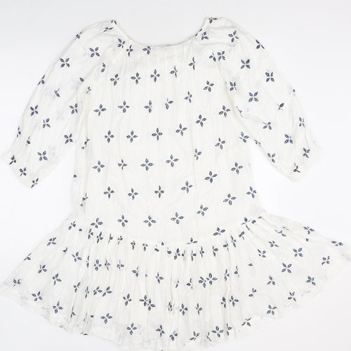 NEXT Womens White Geometric 100% Cotton Fit & Flare Size 8 Scoop Neck Pullover - Peplum