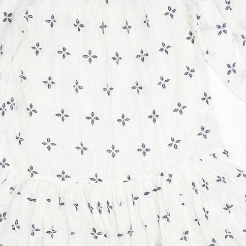 NEXT Womens White Geometric 100% Cotton Fit & Flare Size 8 Scoop Neck Pullover - Peplum