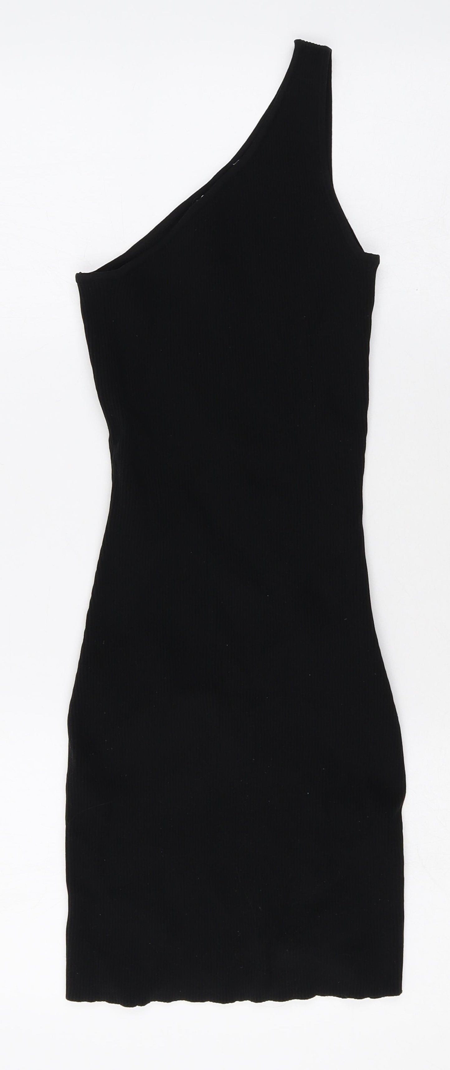 Bershka Womens Black Herringbone Polyamide Bodycon Size M One Shoulder Pullover