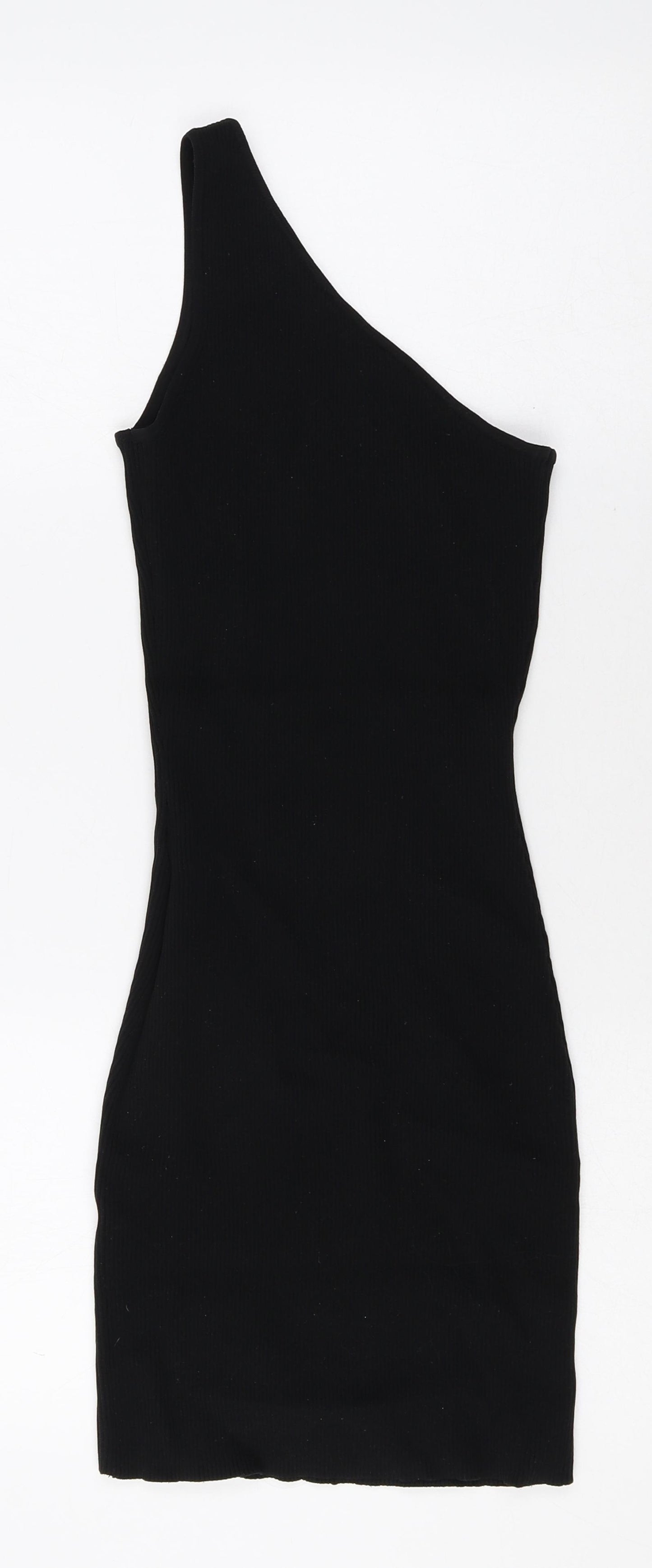 Bershka Womens Black Herringbone Polyamide Bodycon Size M One Shoulder Pullover