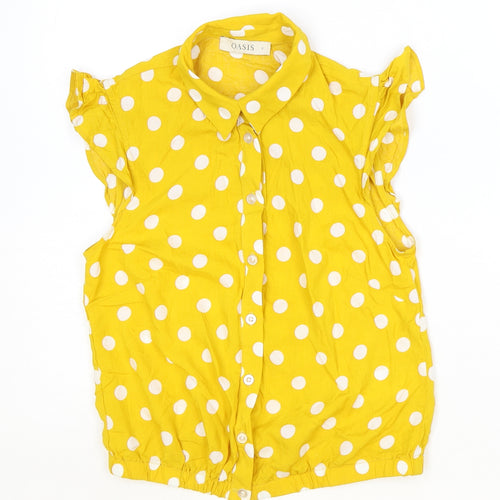 Oasis Womens Yellow Polka Dot Viscose Basic Button-Up Size 8 Collared