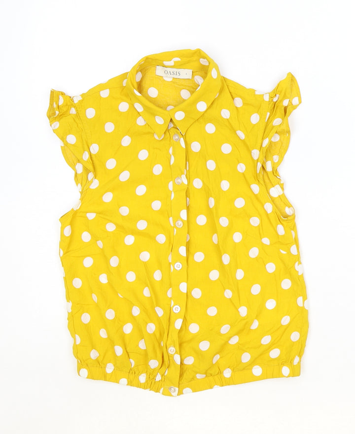 Oasis Womens Yellow Polka Dot Viscose Basic Button-Up Size 8 Collared