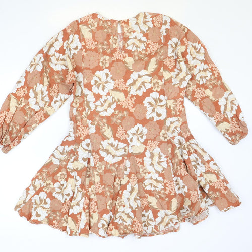 Seed Womens Pink Floral Lyocell Skater Dress Size 6 Round Neck Button