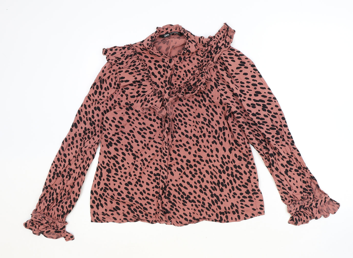 Zara Womens Pink Animal Print Viscose Basic Blouse Size L Round Neck - Leopard Print