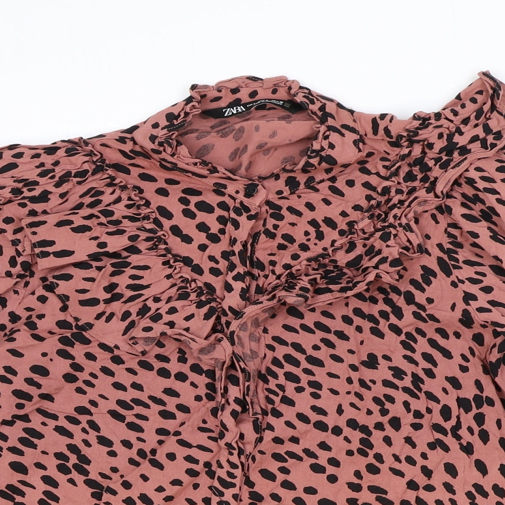 Zara Womens Pink Animal Print Viscose Basic Blouse Size L Round Neck - Leopard Print