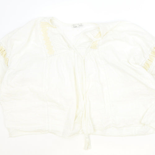 Pull&Bear Womens Ivory Cotton Basic Blouse Size M V-Neck