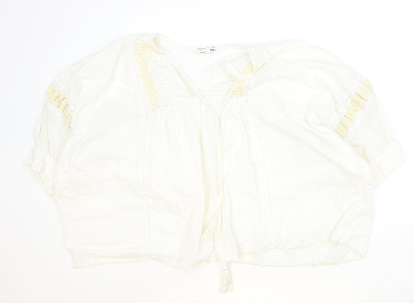 Pull&Bear Womens Ivory Cotton Basic Blouse Size M V-Neck