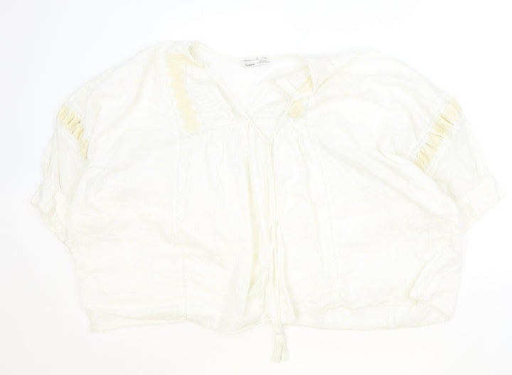 Pull&Bear Womens Ivory Cotton Basic Blouse Size M V-Neck