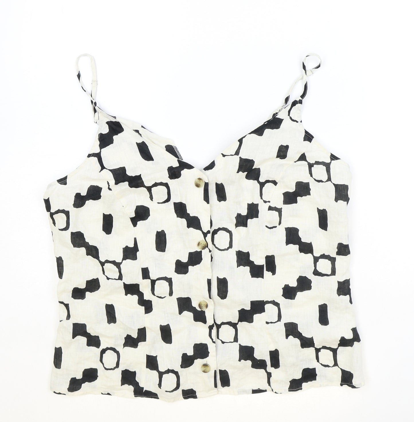 H&M Womens Beige Geometric Linen Basic Tank Size L V-Neck