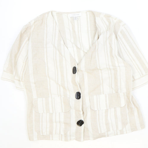 Topshop Womens Beige Striped Viscose Basic Button-Up Size 12 V-Neck