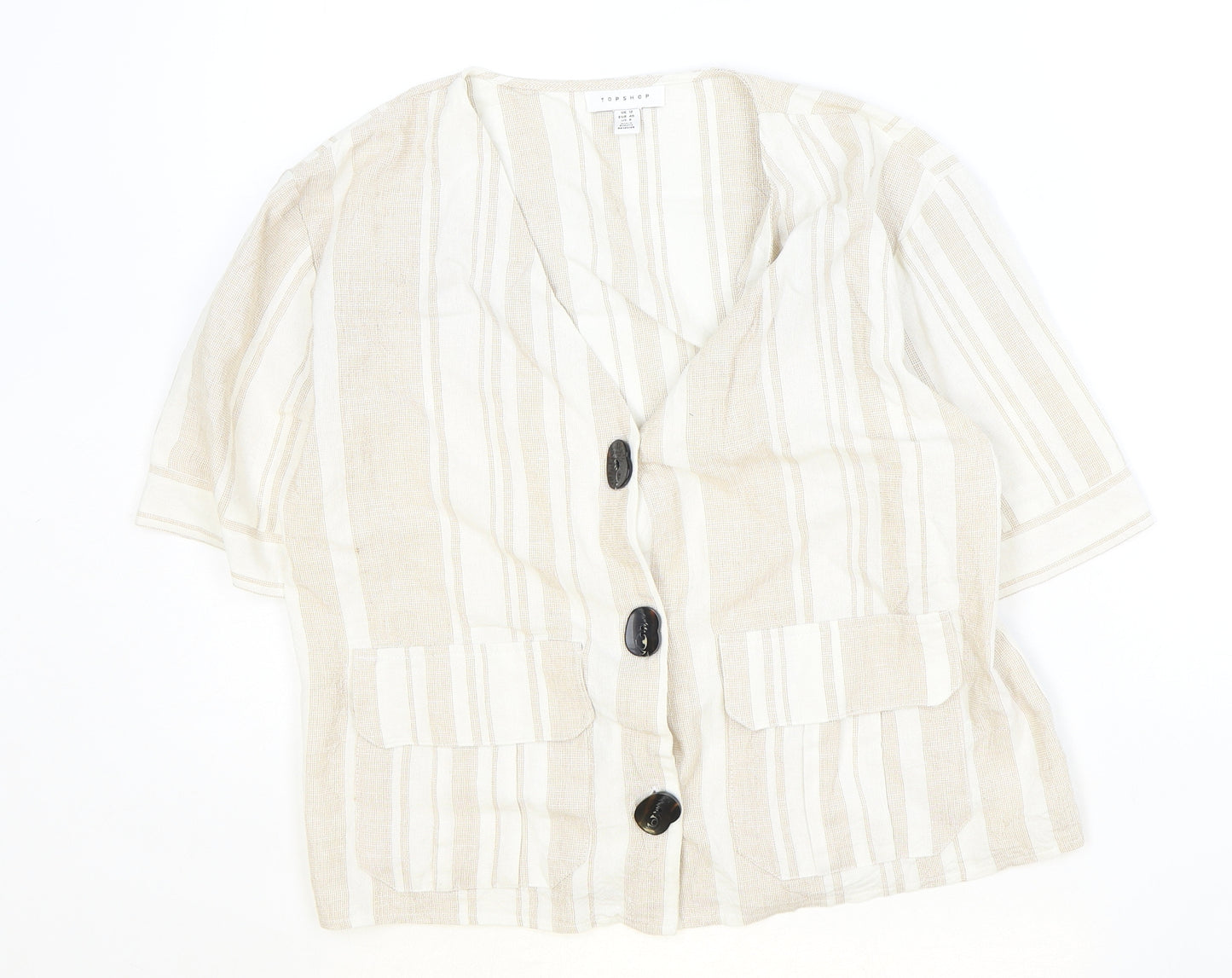 Topshop Womens Beige Striped Viscose Basic Button-Up Size 12 V-Neck