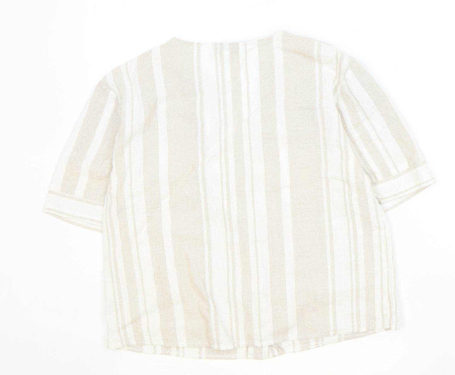 Topshop Womens Beige Striped Viscose Basic Button-Up Size 12 V-Neck