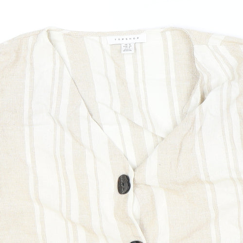Topshop Womens Beige Striped Viscose Basic Button-Up Size 12 V-Neck