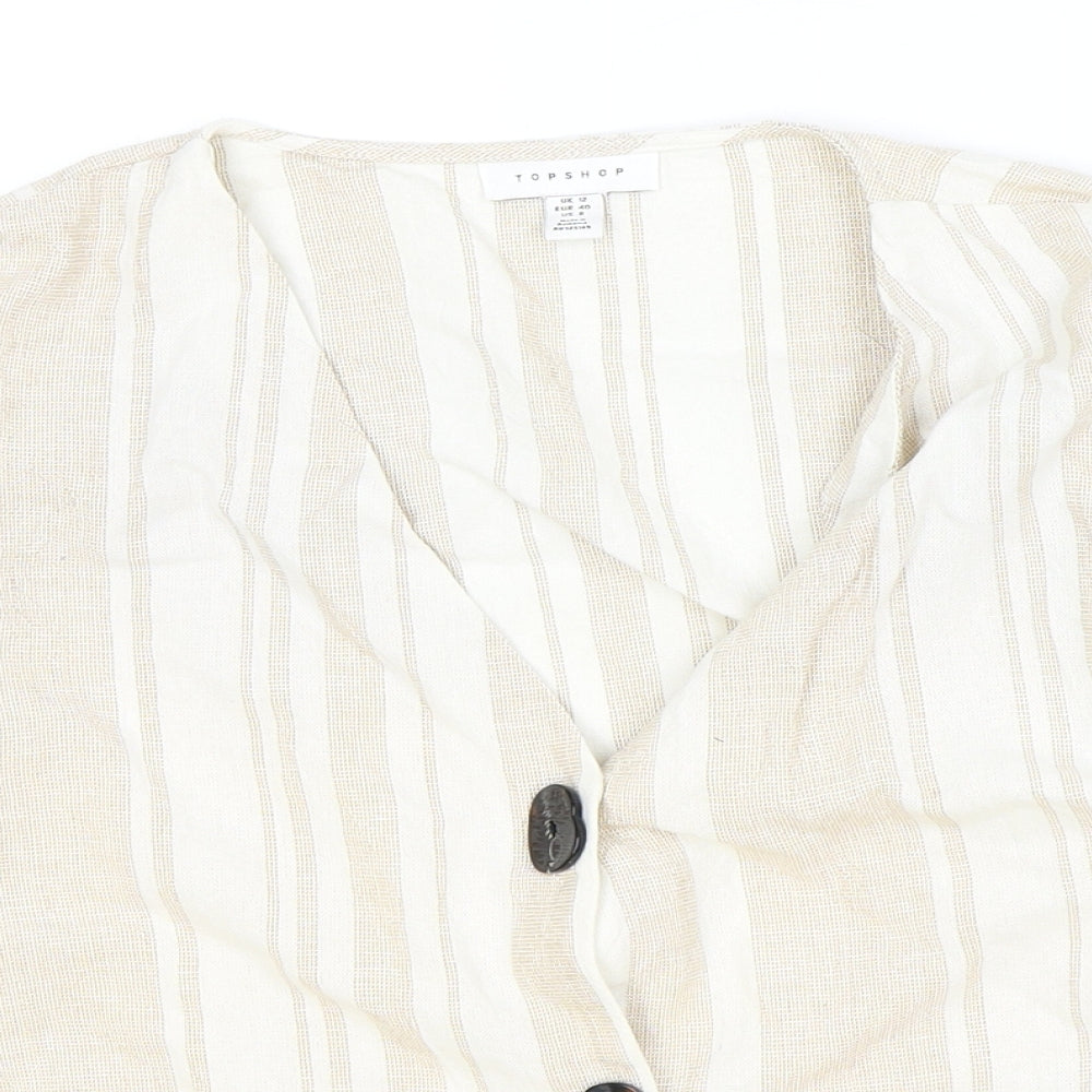 Topshop Womens Beige Striped Viscose Basic Button-Up Size 12 V-Neck