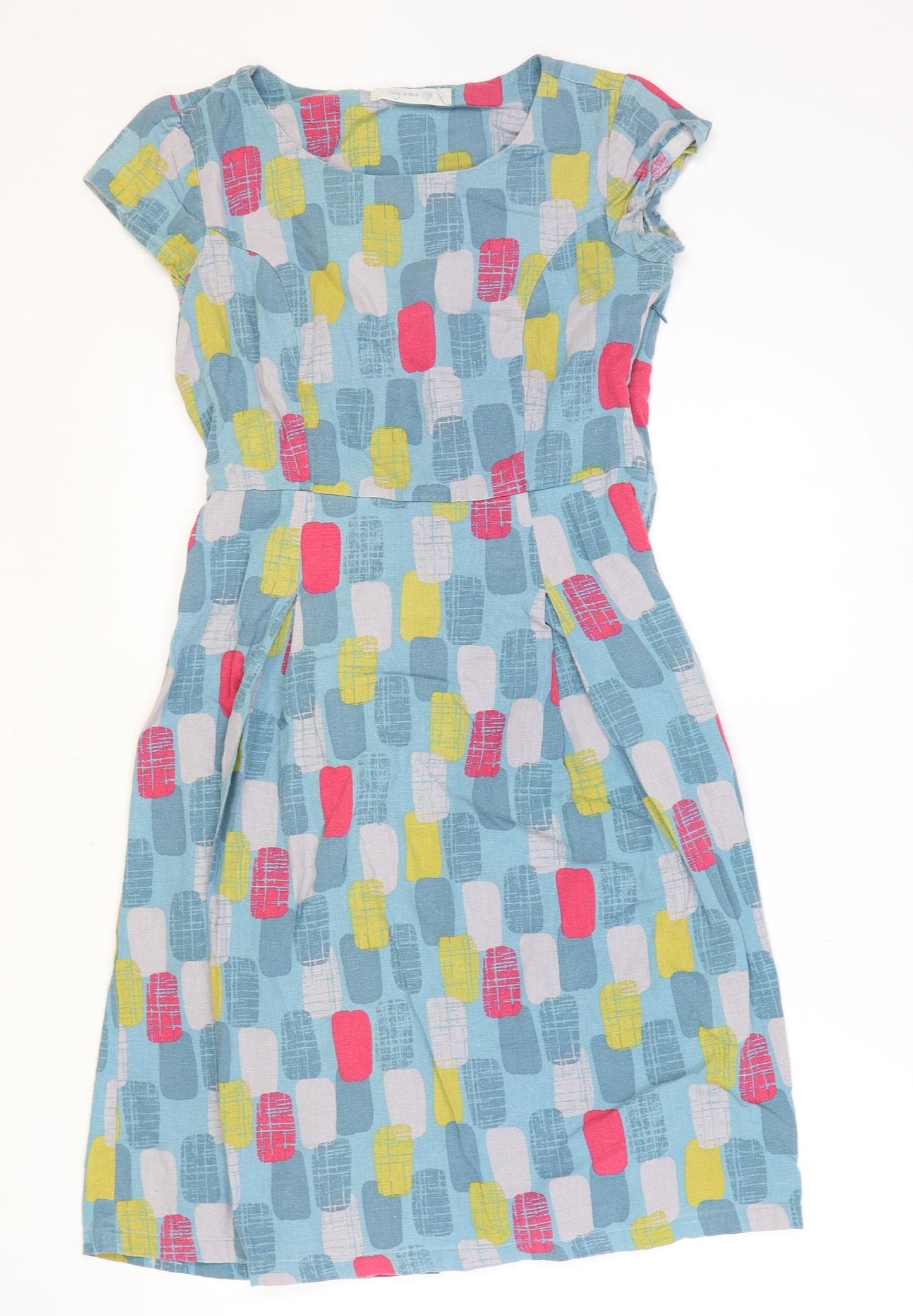 Lily & Me Womens Blue Geometric Linen A-Line Size 8 Round Neck Zip