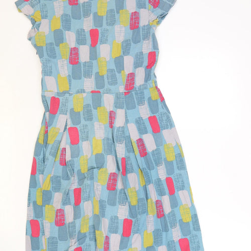 Lily & Me Womens Blue Geometric Linen A-Line Size 8 Round Neck Zip