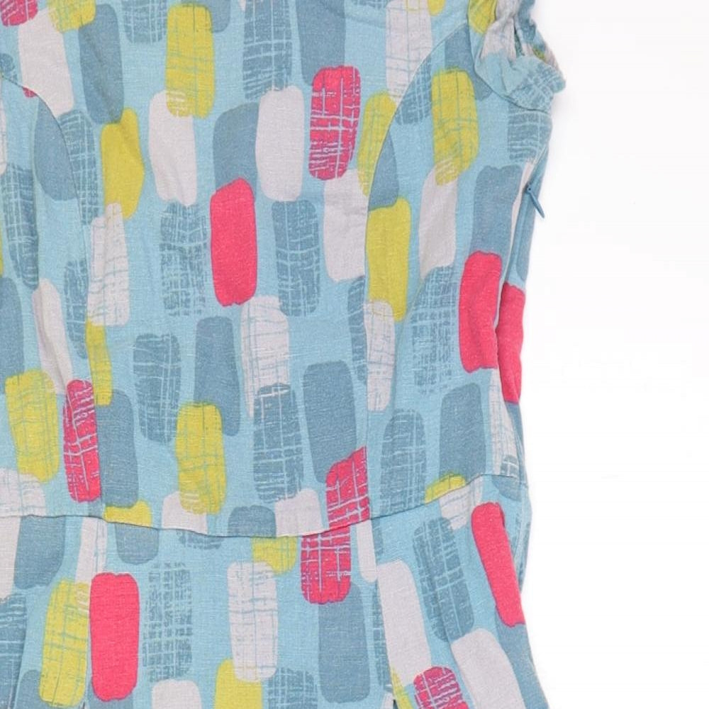 Lily & Me Womens Blue Geometric Linen A-Line Size 8 Round Neck Zip