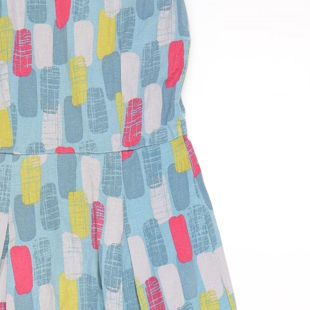 Lily & Me Womens Blue Geometric Linen A-Line Size 8 Round Neck Zip