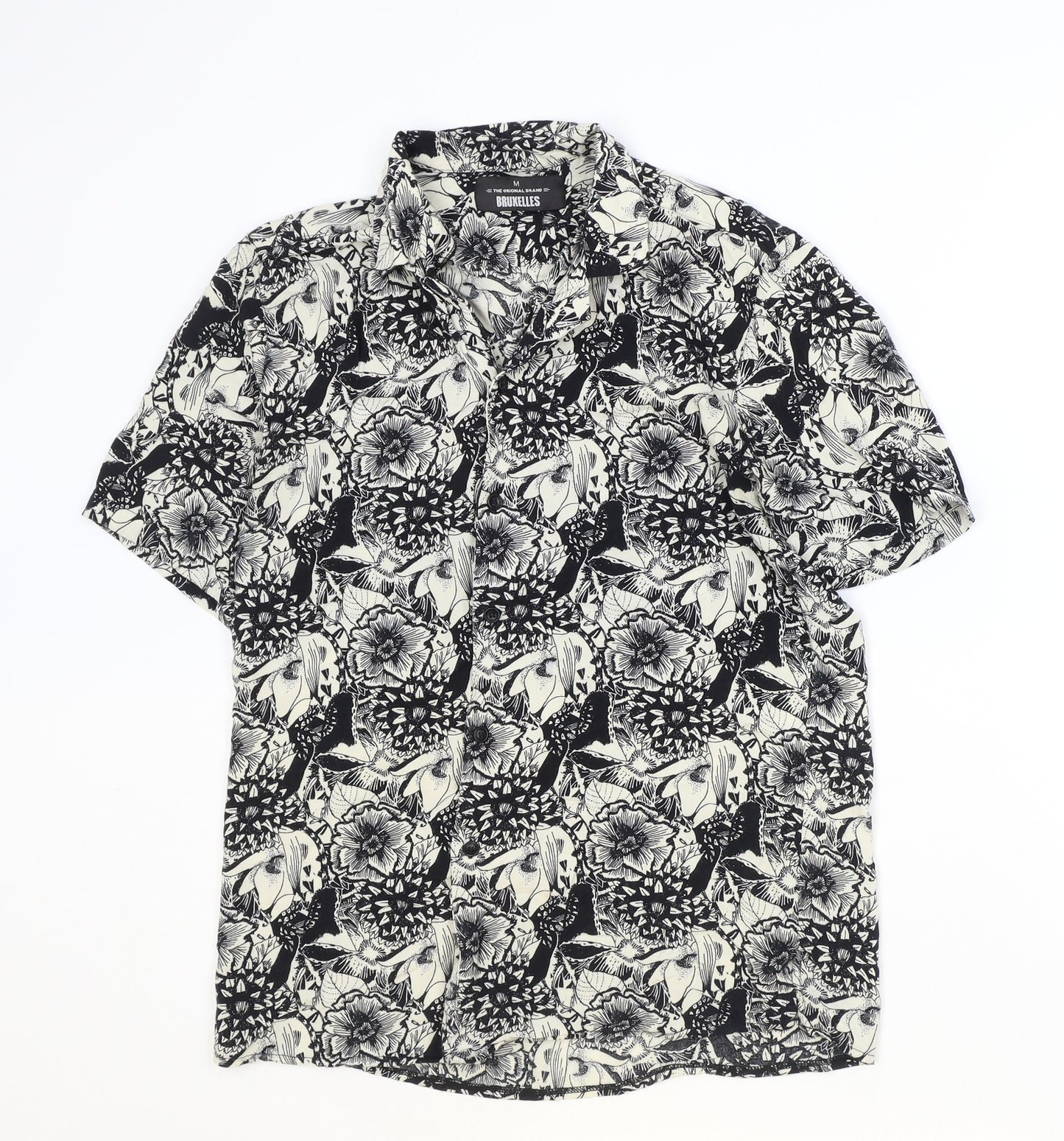Bruxelles Mens Black Floral Cotton Button-Up Size M Collared Button