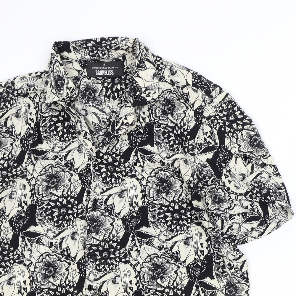 Bruxelles Mens Black Floral Cotton Button-Up Size M Collared Button