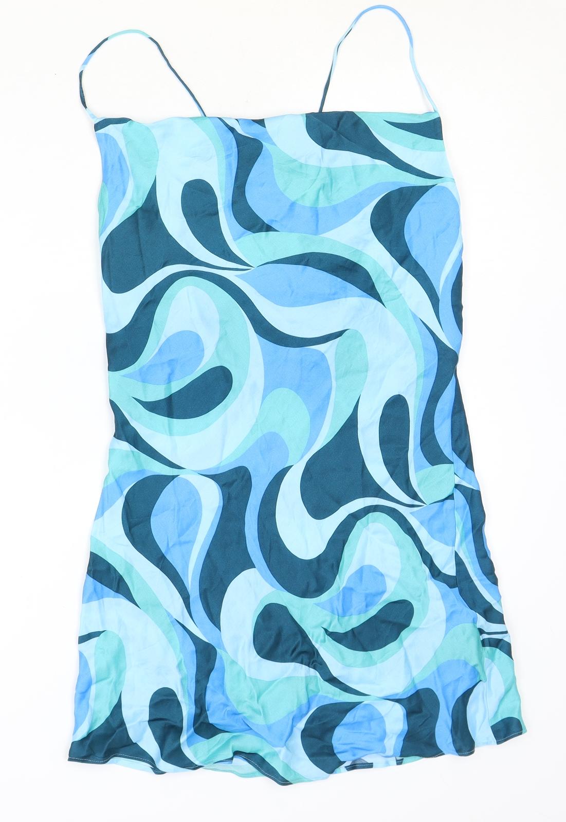Zara Womens Blue Geometric Viscose Mini Size M Cowl Neck Pullover