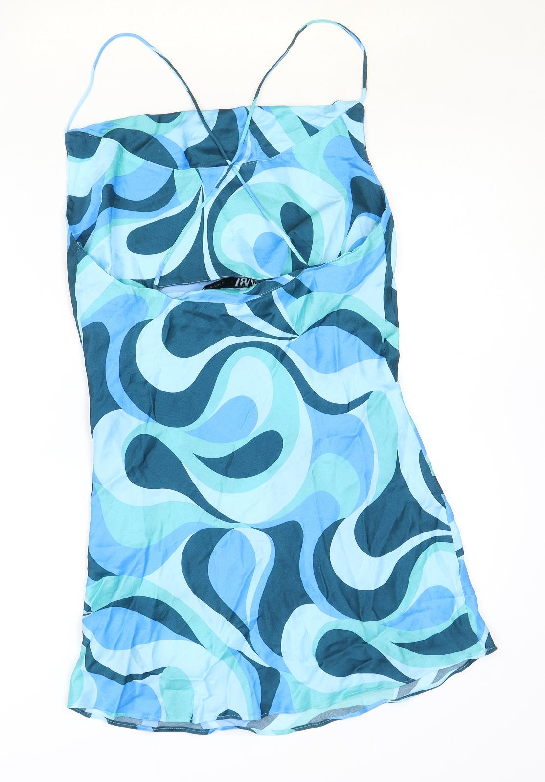 Zara Womens Blue Geometric Viscose Mini Size M Cowl Neck Pullover