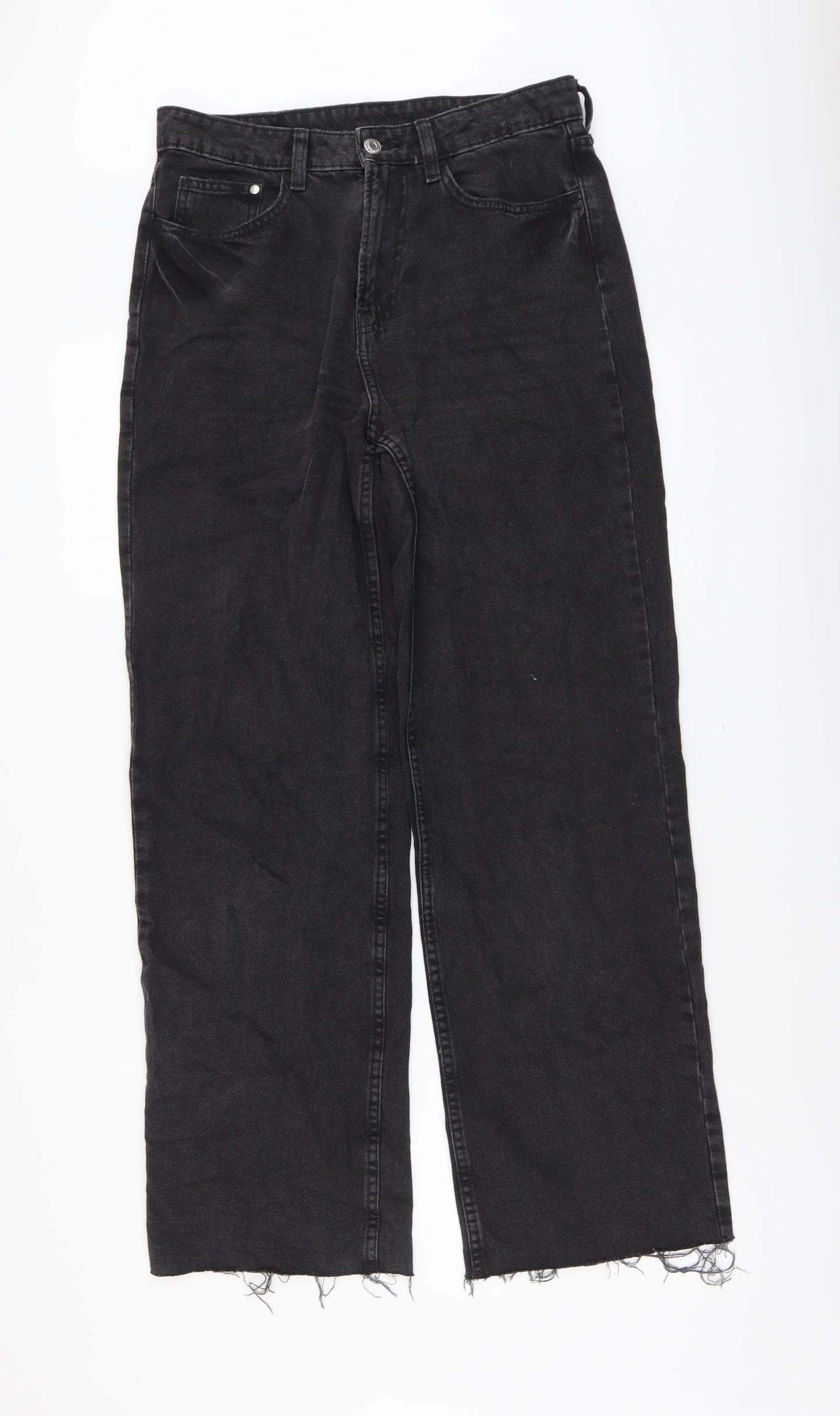 H&M Womens Black Cotton Wide-Leg Jeans Size 12 L30 in Regular Button - Distressed Hems