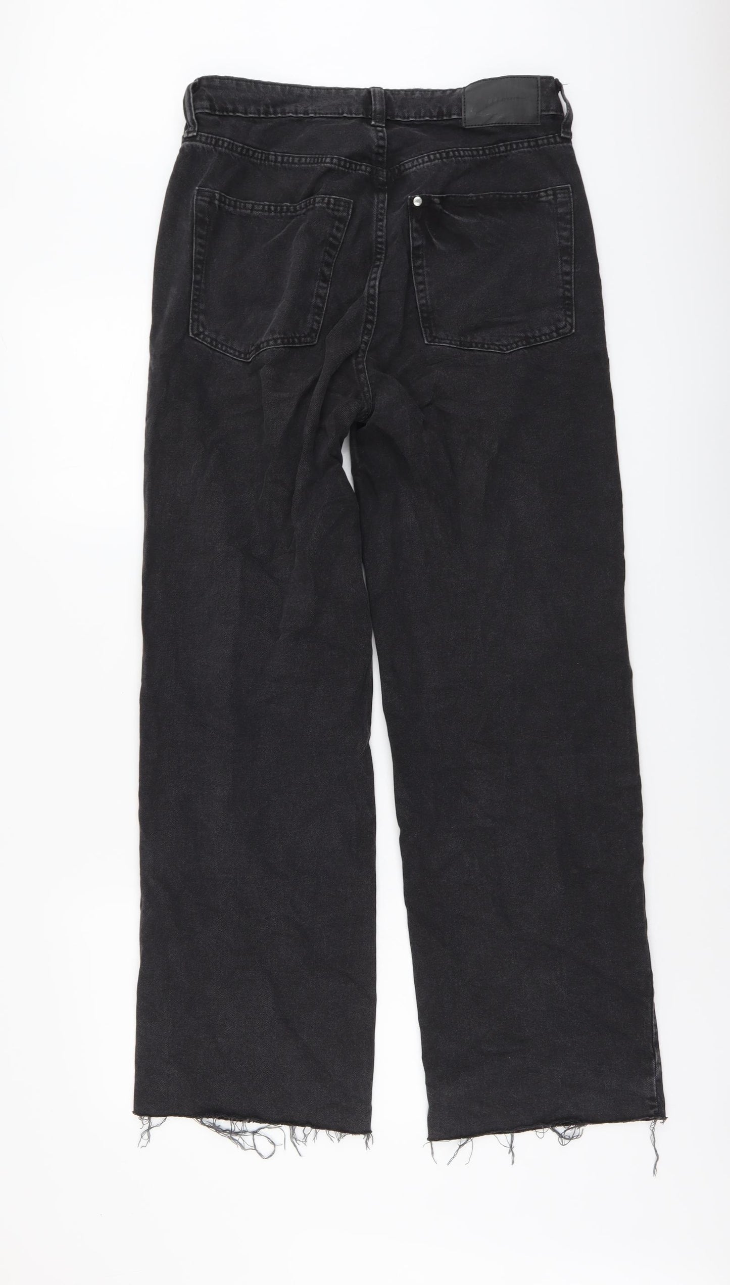 H&M Womens Black Cotton Wide-Leg Jeans Size 12 L30 in Regular Button - Distressed Hems