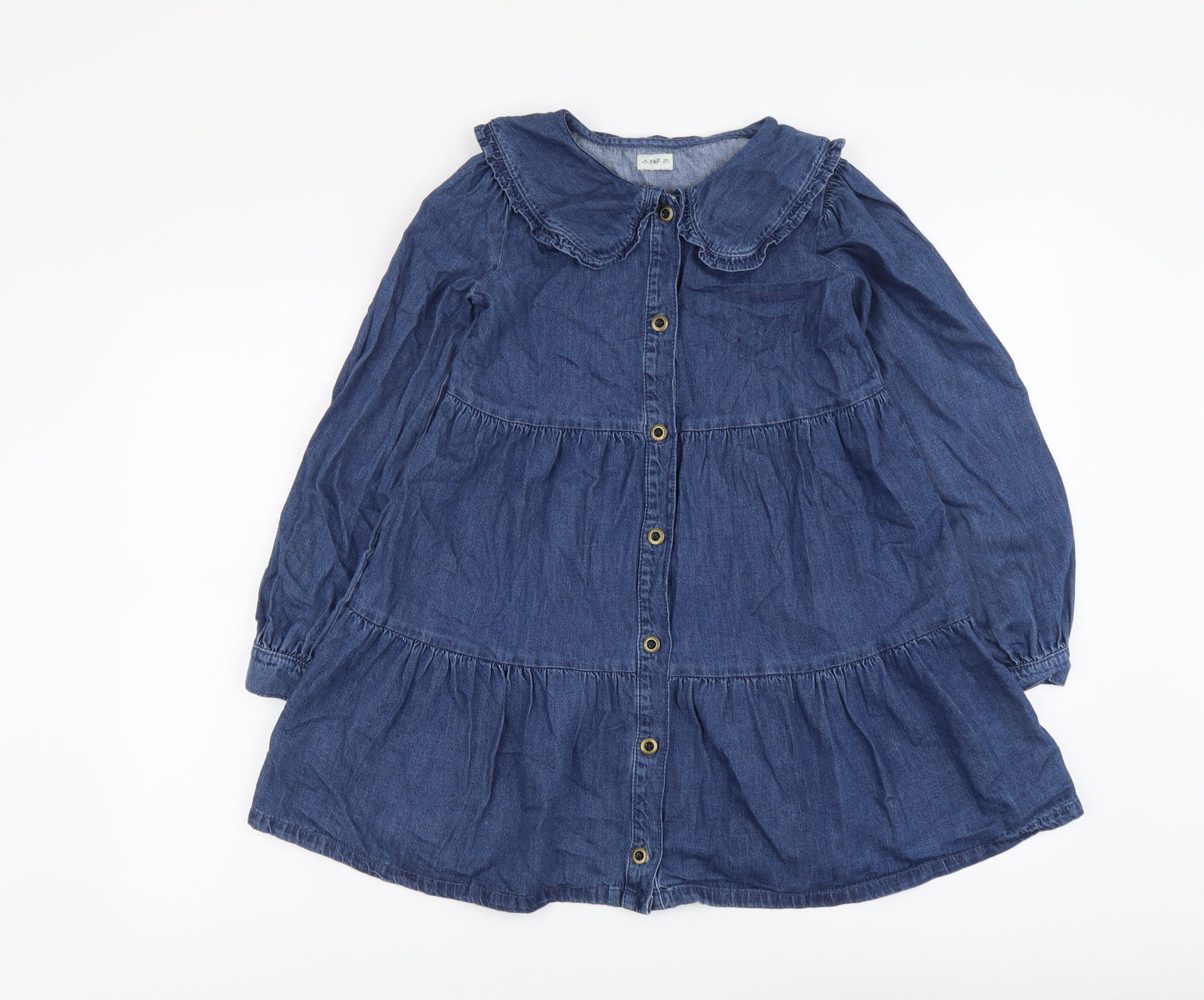 F&F Girls Blue Cotton A-Line Size 10-11 Years Collared Button