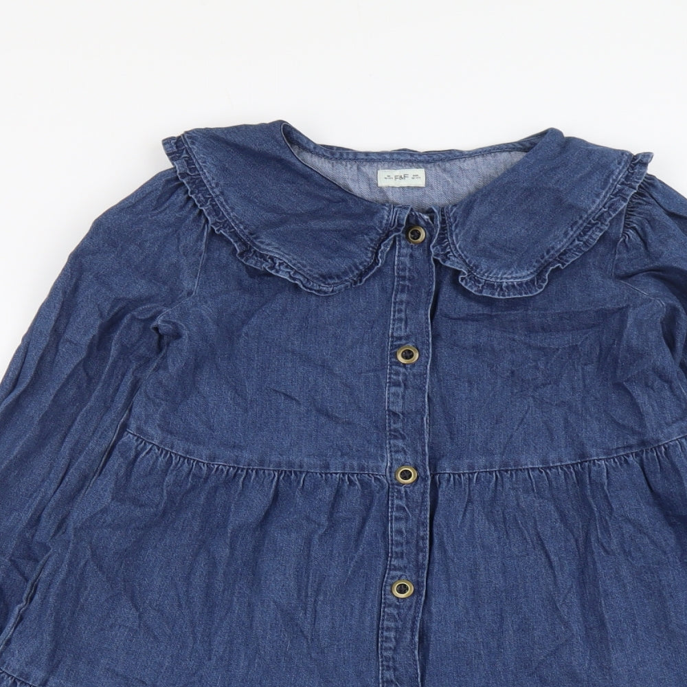 F&F Girls Blue Cotton A-Line Size 10-11 Years Collared Button
