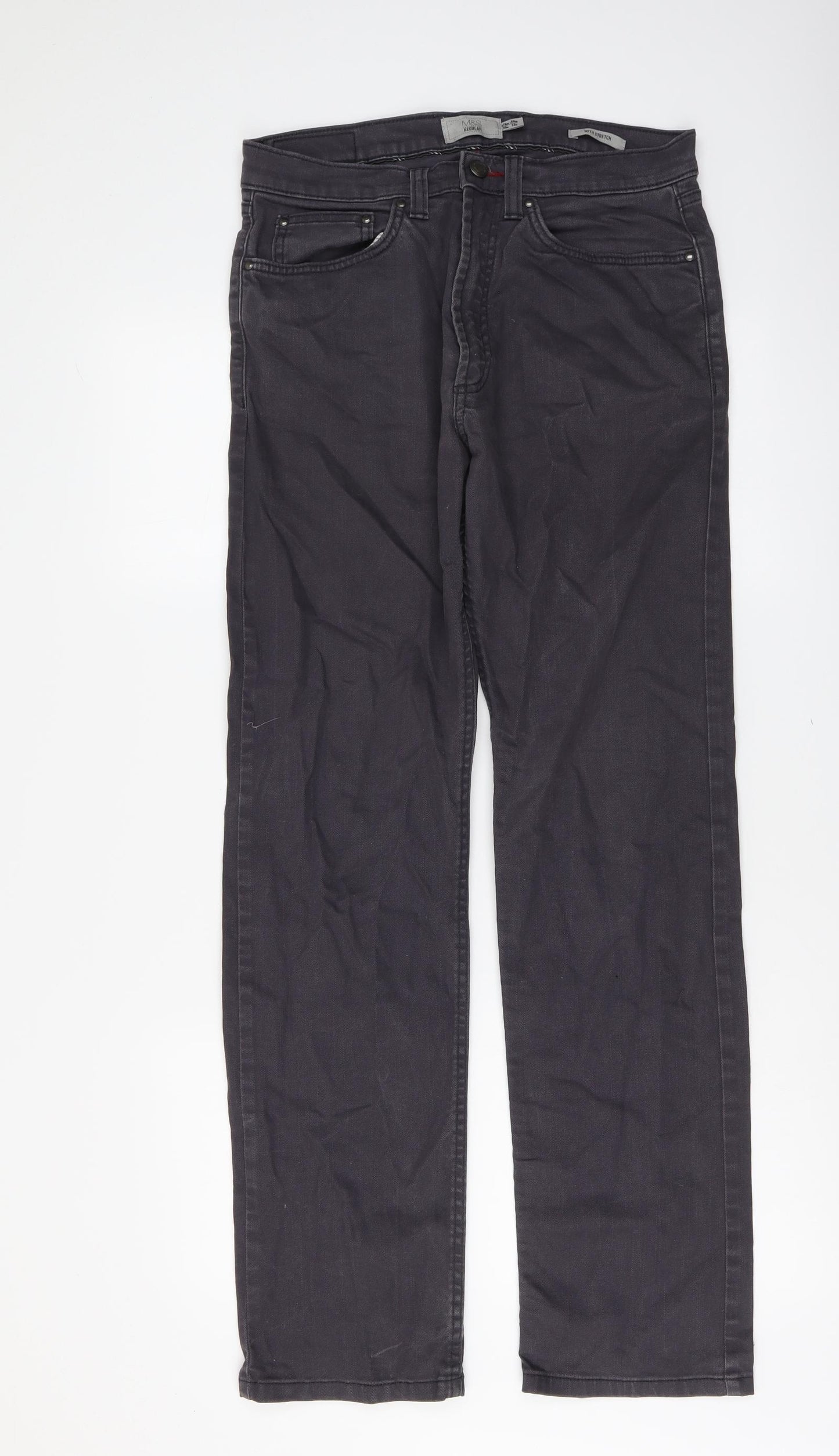 Marks and Spencer Mens Grey Cotton Straight Jeans Size 30 in L33 in Regular Button