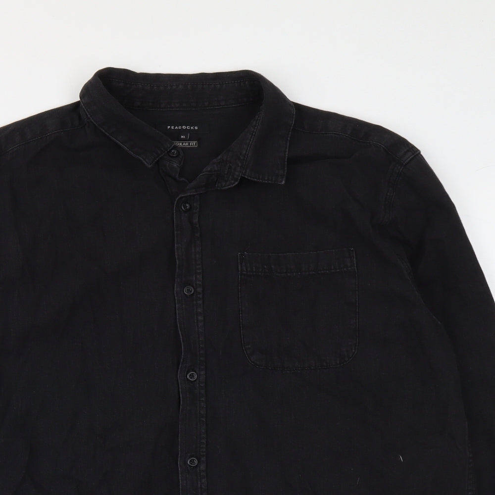 Peacocks Mens Black Cotton Button-Up Size XL Collared Button