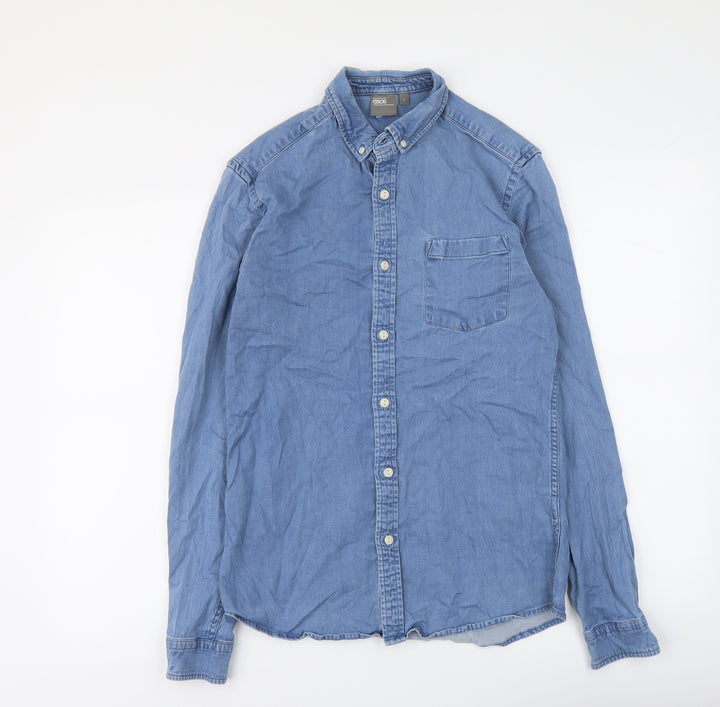 ASOS Mens Blue Cotton Button-Up Size S Collared Button
