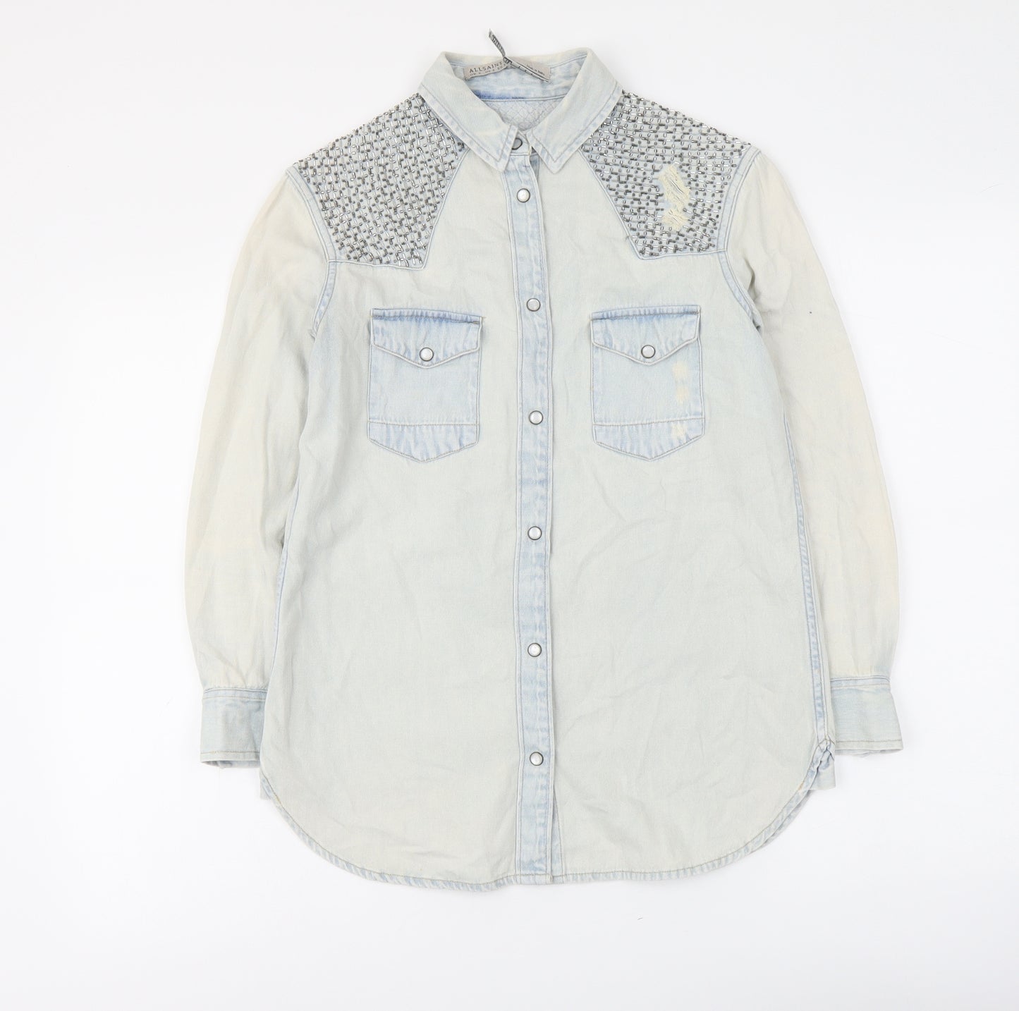AllSaints Womens Blue Cotton Basic Button-Up Size 6 Collared - Distressed Detail